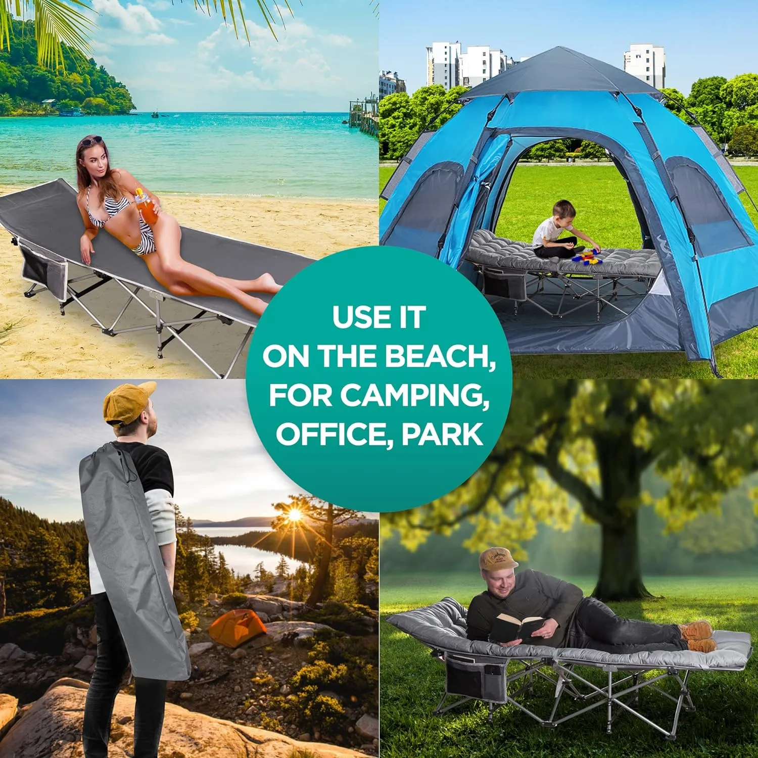 ZONETECH Outdoor Camping Travel Cot and Cot Pad - Foldable Classic Grey Quality Lightweight Portable Heavy Duty Adult & Kids Travel with Large Pocket and Cushion Perfect for Hiking, Camping (1-Pack)