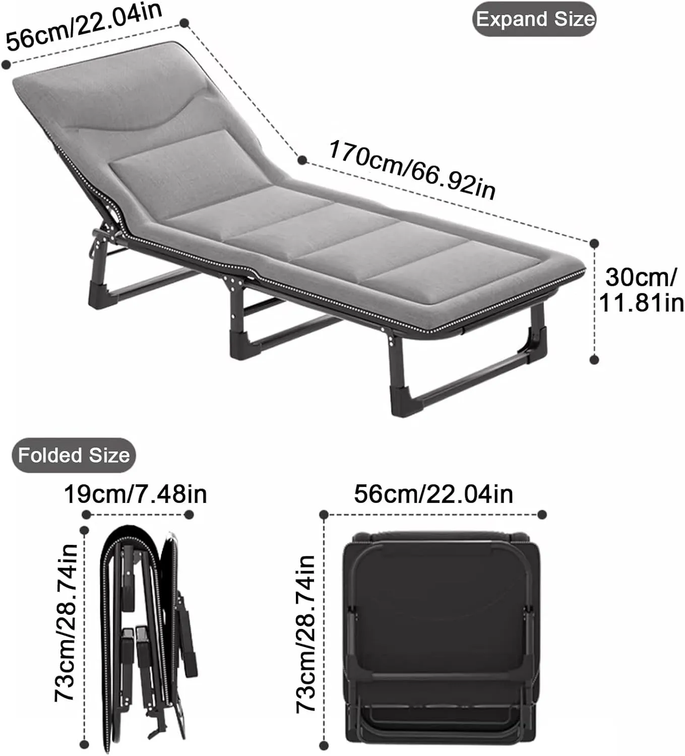 ZTGL B,170x56cm, Reclining Camping Lounge Chair, Reclining Patio Chairs, Folding Recliner Chair for Outdoor Indoor, Portable Folding Camping Cot, Sunbathing Lounge Chairs